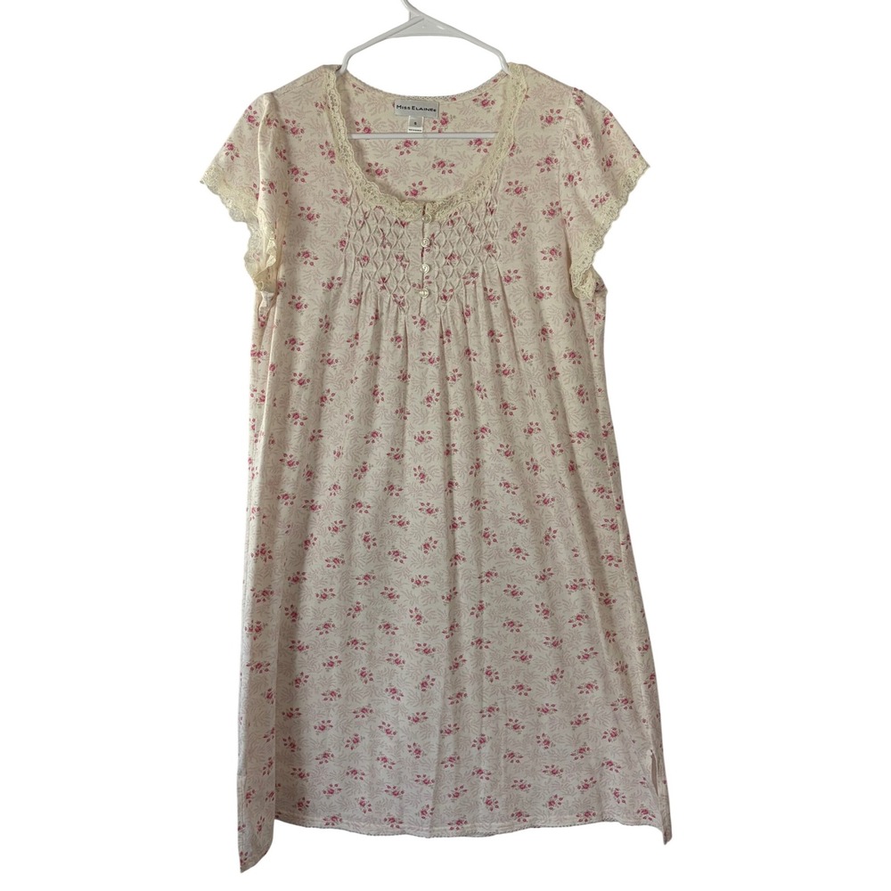Miss Elaine Nightgown Small Pink Floral Lace Smocked Cotton Blend Short Sleeve
